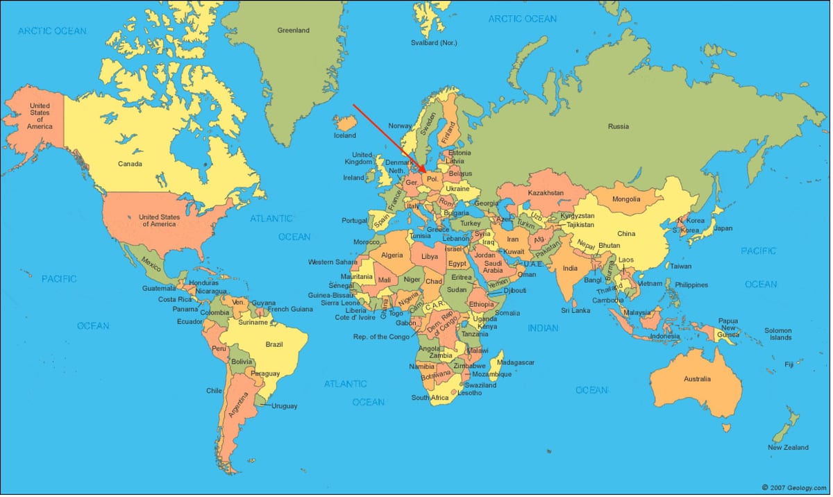 世界上的地图显示波兰